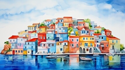 Aufkleber - Generative AI A beautiful Mediterranean coastal town with colorful houses. landscape watercolor