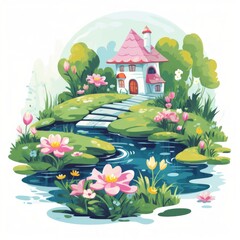 Poster - Generative AI A charming fairytale dwelling showcasing a tiny pond and a blossoming garden.