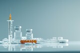 Fototapeta Sport - Medical arrangement featuring a syringe, an orange liquid medication bottle, and white pills on a clean, light blue background.