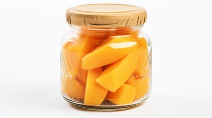 Poster - A close-up realistic photo of a glass jar packed with ripe, fragrant cantaloupes against a white background Generative AI