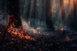 Burning forest, flames devour the trees, wildfire in the night