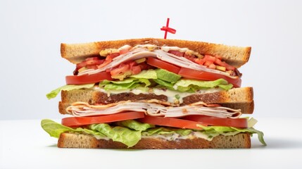 Poster - A delicious turkey club sandwich captured in a close-up realistic photo against a white background Generative AI