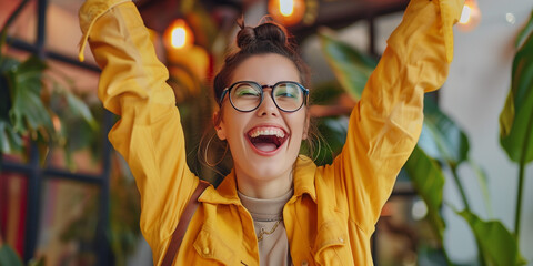 Poster - A dream comes true a young woman really happy for a big good news feeling gratitude in a moder office 