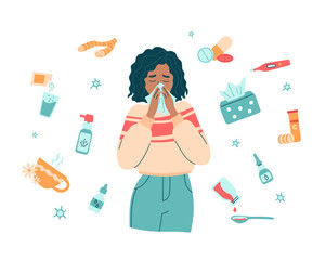 Woman with runny nose and hanky surrounded by medicines. Unhealthy girl feel sick virus, fever, flu or cold. Choosing medicine for using from illness. Isolated vector illustration