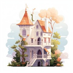 Poster - Generative AI A fairytale abode with a tiny balcony and a white exterior glowing in soft sunlight.