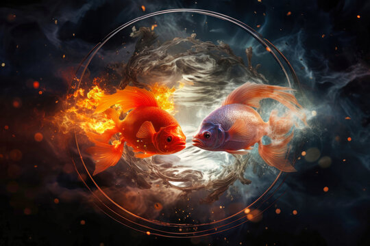 Two goldfish swim within a ring of fire, symbolic of the zodiac sign Pisces