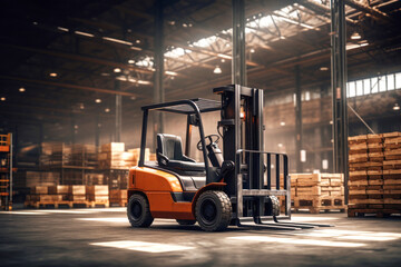 Wall Mural - Forklift for transporting and lifting loads. Pallets with boxes and containers in a goods warehouse.