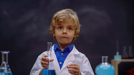 Wall Mural - little scientist with a flask curious look plain backdrop copyspace for discovery and learning