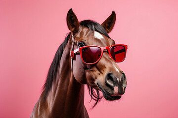 Wall Mural - horse red glasses pink background