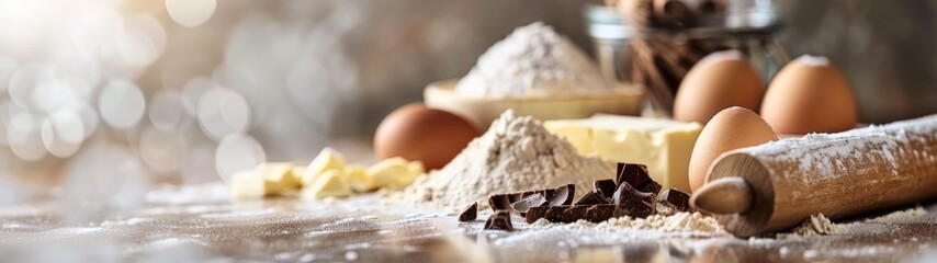 Baking Ingredients: A set-up of essential baking ingredients like flour, eggs, sugar, butter, and chocolate, ready for a baking project, possibly with a rolling pin and dough in the background. 