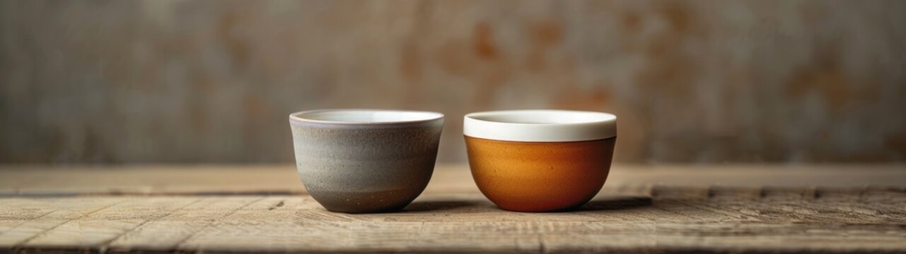 Ceramic cups half-filled with tea and coffee, showcasing the contrast between the delicate amber of the tea and the deep, robust brown of the coffee.