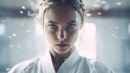 Poster - Generative AI A scene capturing the concentration and dedication of a girl in a kimono during rigorous martial arts practice.