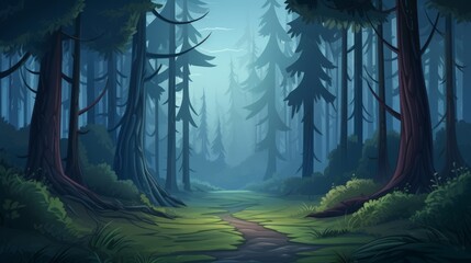 Aufkleber - Generative AI A serene, mist-covered forest with tall trees and a hidden path. vector cartoon graphic