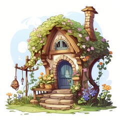 Aufkleber - Generative AI A small fairytale dwelling featuring a charming arbor and a serene backyard.