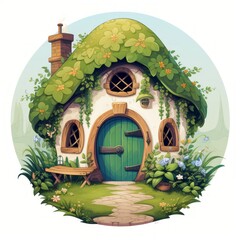 Poster - Generative AI A storybook-like house showcasing a round door and a slanted roof covered in foliage