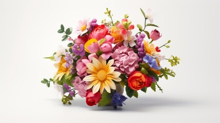 Poster - Generative AI A stunning bouquet featuring a blend of brightly colored flowers, set against a simple white surface, allowing space for customized text or logos.