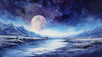 Poster - Generative AI A surreal lunar landscape with craters and a starry sky. landscape watercolor