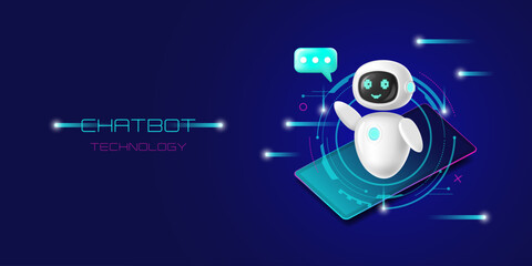 Chatbot assistant character is a robot with a smartphone and has artificial intelligence in 3D style. Banner. Nice and friendly. Vector illustration .