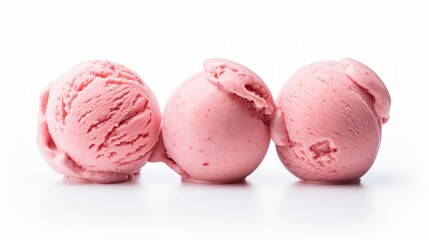 Poster - A trio of strawberry ice cream scoops captured in a close-up realistic photo against a white background Generative AI