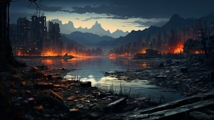 Poster - Generative AI concept of a city after the apocalypse