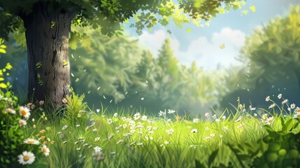 Wall Mural - Sun shine over green forest and glass with wild flower 