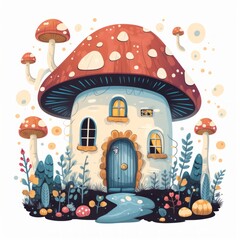 Aufkleber - Generative AI An enchanting cottage adorned with fairy lights and surrounded by whimsical mushrooms.