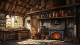 Fototapeta  - Generative AI Atmospheric watercolors depicting a rustic kitchen with loose linework details, showcasing maple syrup as a key ingredient in recipes