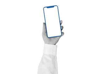 Black and white hand in a white shirt holding a phone with a empty screen - element for collage. Illustration on transparent background