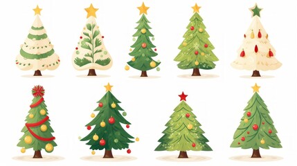 Poster - Generative AI Christmas trees decorated with toys white background Minimalism flat cartoon illustration