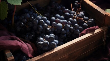 Poster - Close-up realistic photo featuring a box filled with plump black grapes Generative AI