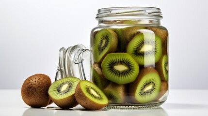 Aufkleber - Close-up realistic photo featuring a glass jar filled with ripe, delicious kiwis against a white background Generative AI