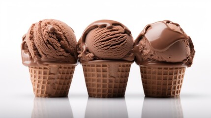 Poster - Close-up realistic photo of three scoops of rich chocolate ice cream on a white background Generative AI