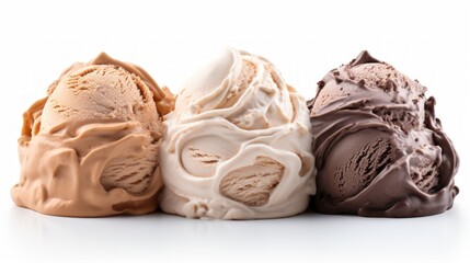 Poster - Close-up realistic photo of three scoops of hazelnut gelato on a white background Generative AI