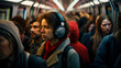 © stateronz - Reflective woman with headphones lost in thought amidst a bustling subway, embodying. A narrative of contemplation and personal journey in city life's chaos. Captures the essence of introspection.