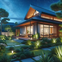 Poster - AI illustration of a serene evening in a modern, luxurious home nestled amidst lush greenery