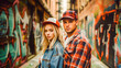 © apratim - Stylish young couple posing in front of a colorful graffiti wall, exuding cool urban fashion and togetherness.