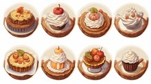Generative AI Detailed Miniature Illustrations Of Thanksgiving Desserts Like Pumpkin Pie And Apple Tart, Presented In A Feminine Sticker Art Style With White And Bronze Color Palettes.