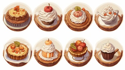 Poster - Generative AI Detailed miniature illustrations of Thanksgiving desserts like pumpkin pie and apple tart, presented in a feminine sticker art style with white and bronze color palettes.