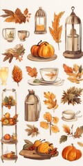 Fototapete - Generative AI Digital stickers displaying a Thanksgiving family gathering in atmospheric watercolor hues, featuring loose linework for a cottagepunk-inspired cozy setting