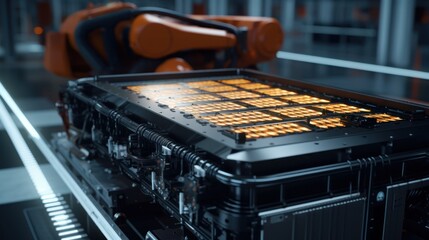 Poster - Automated Production Line With Robot Arms,Electric Car Battery Pack Manufacturing Process.