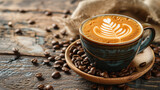 Coffee cup with latte art and coffee beans on wooden background