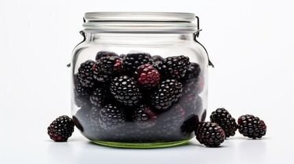 Poster - Glass jar filled with sweet, juicy blackberries, close-up realistic photo against a white background Generative AI