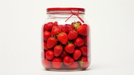 Poster - Glass jar filled with plump, aromatic red strawberries, close-up realistic photo against a white background Generative AI