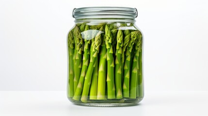 Poster - Glass jar filled with vibrant green asparagus, close-up realistic photo against a white background Generative AI