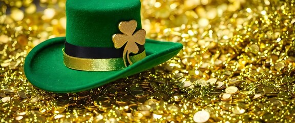 Green leprechaun hat with ribbons and golden shamrock lying on a pile of shiny gold coins, background for St. Patricks Day