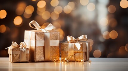 Aufkleber - Generative AI Hyper-realistic scene showcasing stylishly wrapped white and gold Christmas gifts placed on an empty table, surrounded by enchanting blurred bokeh lights. Sophisticated and festive setti