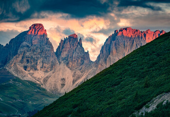 Wall Mural - extraordinary summer view from pordoi pass of sassolungo (langkofel) and sella group mountain peaks.