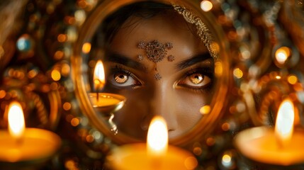 A fortune tellers eyes locked onto the viewer through a mirror, surrounded by flickering candles, revealing truths unseen