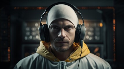 Poster - Generative AI Portrait of a journalist in a broadcast studio, with headphones on, preparing for a live report, professional demeanor