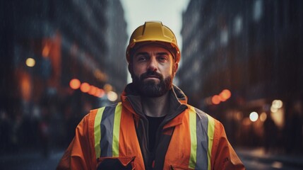 Poster - Generative AI Portrait of a road worker in reflective gear, holding a stop sign, controlling traffic flow at a construction site